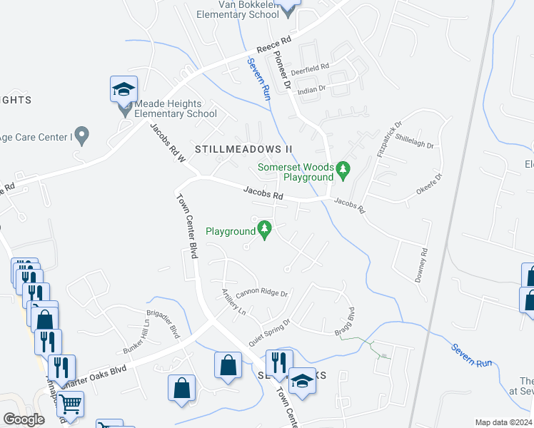 map of restaurants, bars, coffee shops, grocery stores, and more near 1820 Dove Court in Severn