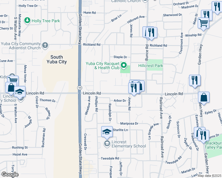 map of restaurants, bars, coffee shops, grocery stores, and more near 1111 John Wayne Drive in Yuba City