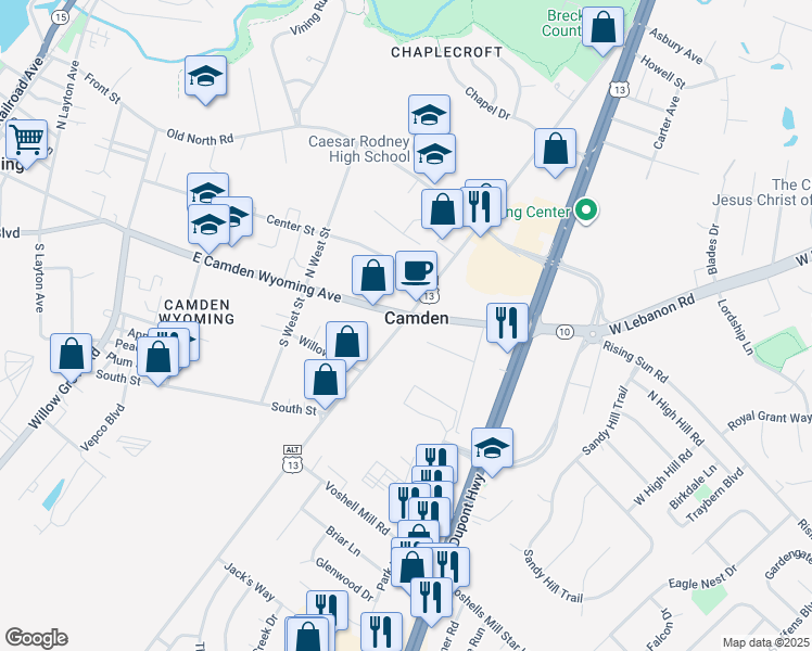 map of restaurants, bars, coffee shops, grocery stores, and more near 25 South Main Street in Camden