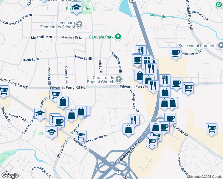 map of restaurants, bars, coffee shops, grocery stores, and more near 130 Hancock Place Northeast in Leesburg