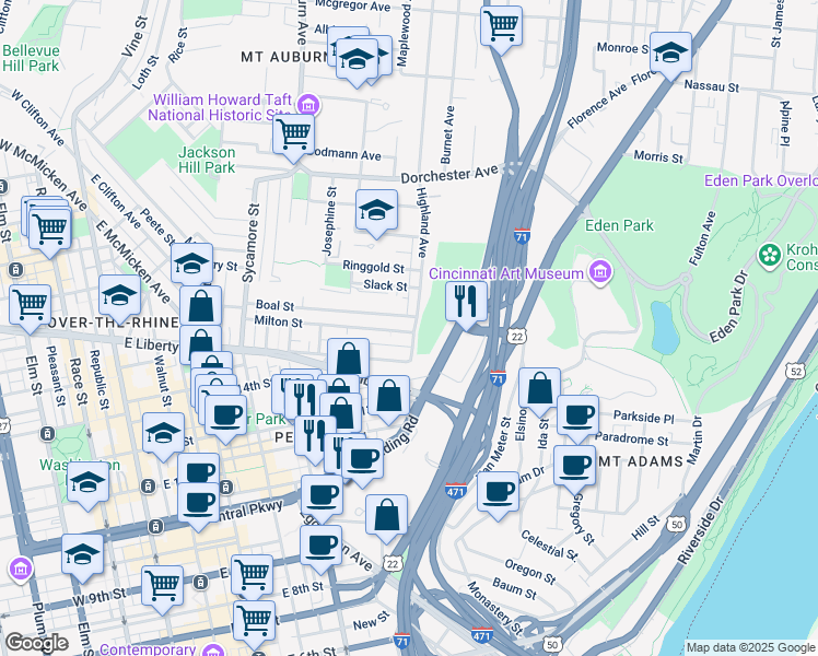 map of restaurants, bars, coffee shops, grocery stores, and more near 1608 Highland Avenue in Cincinnati