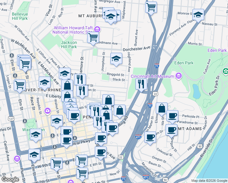 map of restaurants, bars, coffee shops, grocery stores, and more near 530 Liberty Hill in Cincinnati