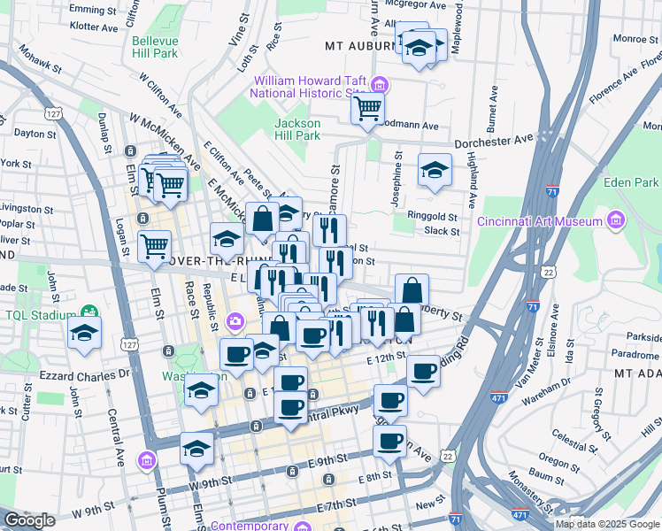 map of restaurants, bars, coffee shops, grocery stores, and more near in Cincinnati