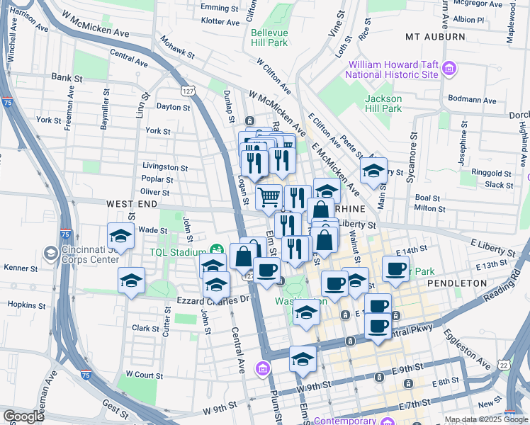 map of restaurants, bars, coffee shops, grocery stores, and more near in Cincinnati