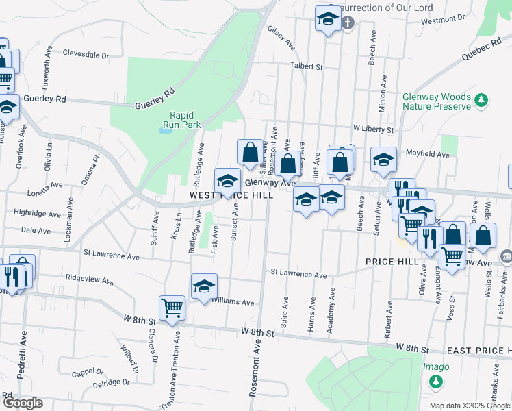 map of restaurants, bars, coffee shops, grocery stores, and more near 1101 Rosemont Avenue in Cincinnati