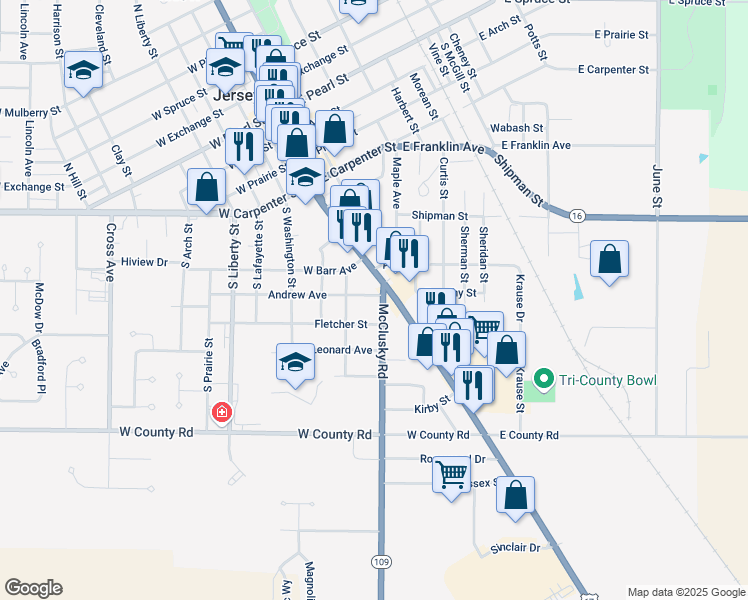 map of restaurants, bars, coffee shops, grocery stores, and more near 810 South State Street in Jerseyville