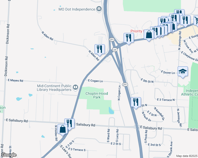 map of restaurants, bars, coffee shops, grocery stores, and more near 15915 East Cogan Lane in Independence