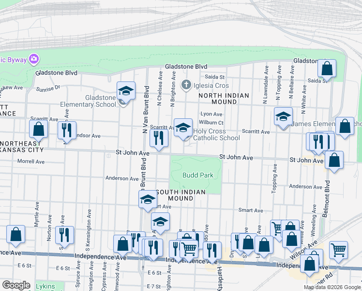 map of restaurants, bars, coffee shops, grocery stores, and more near 5018 Saint John Avenue in Kansas City