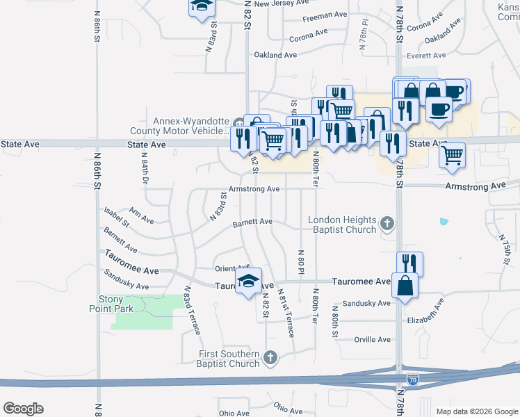 map of restaurants, bars, coffee shops, grocery stores, and more near 8119 Barnett Avenue in Kansas City
