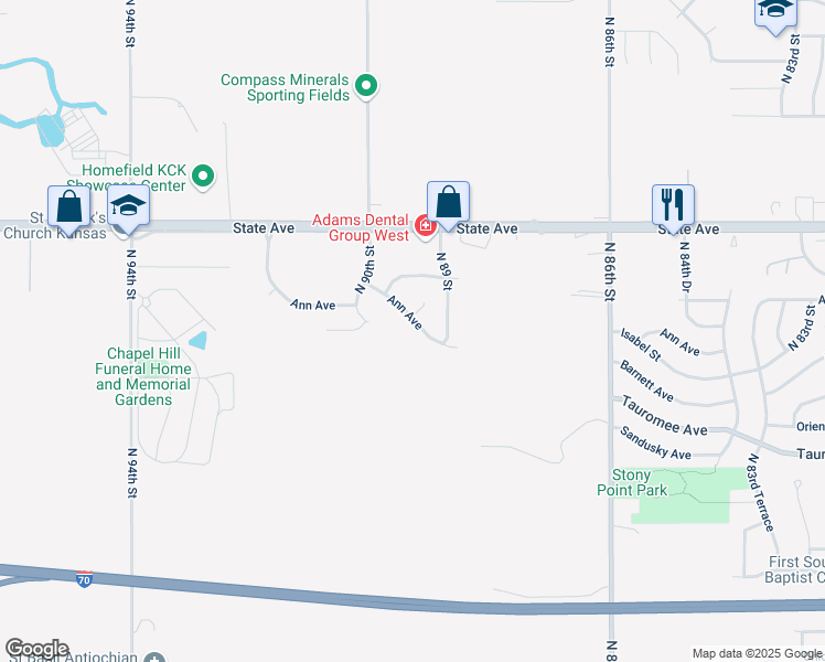 map of restaurants, bars, coffee shops, grocery stores, and more near 8905 Ann Avenue in Kansas City