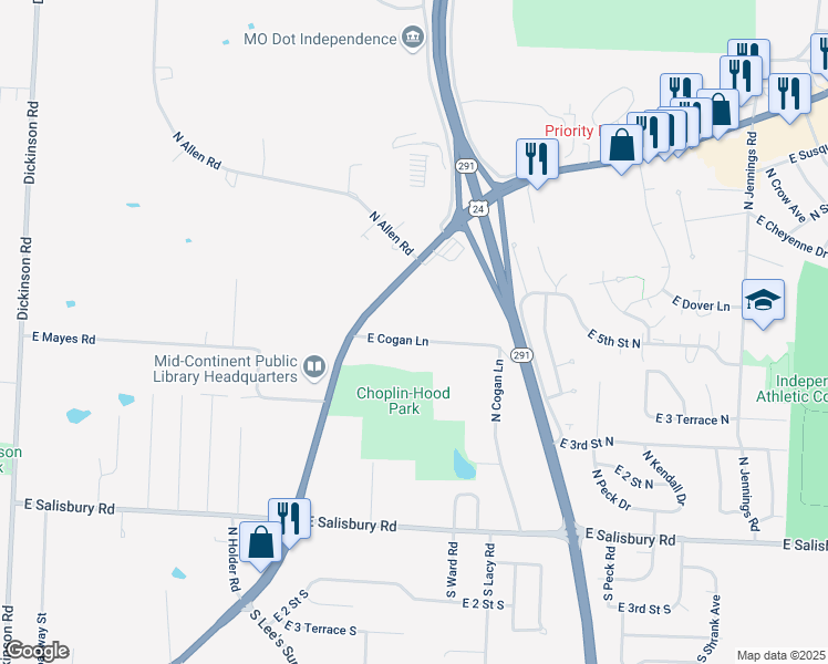 map of restaurants, bars, coffee shops, grocery stores, and more near 15915 East Cogan Lane in Independence