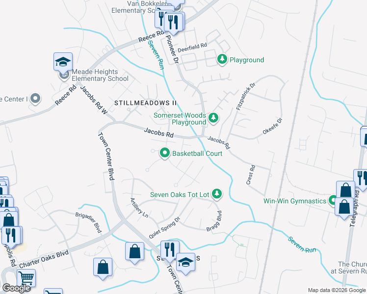 map of restaurants, bars, coffee shops, grocery stores, and more near 8303 Jennel Court in Severn