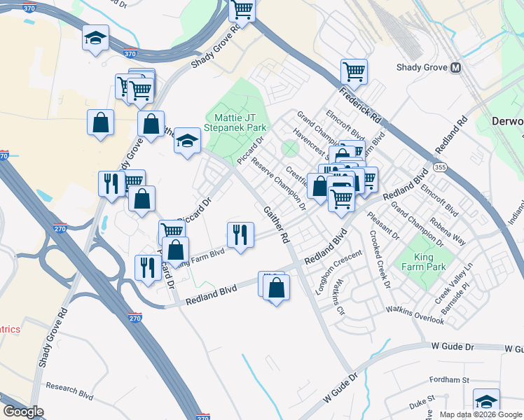 map of restaurants, bars, coffee shops, grocery stores, and more near 1004 Gaither Road in Rockville