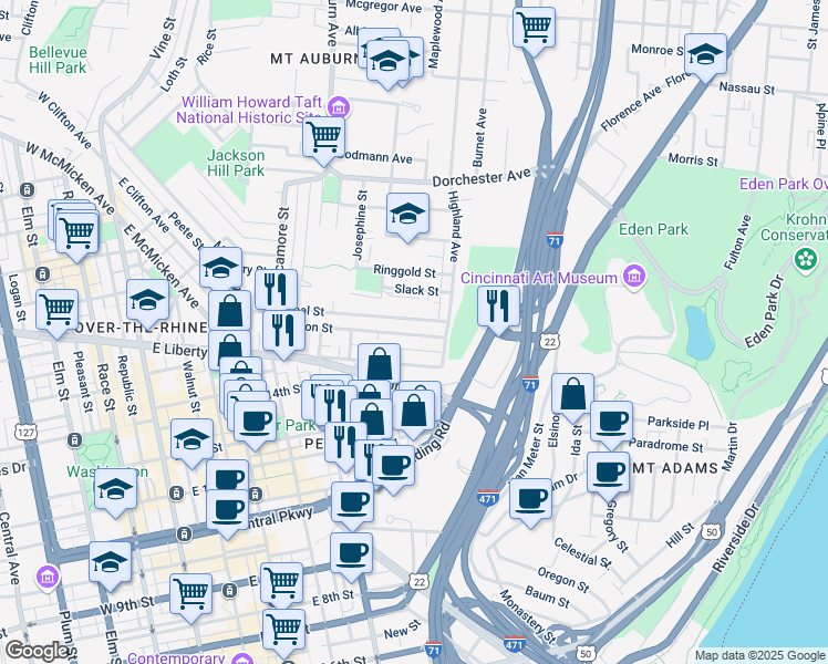 map of restaurants, bars, coffee shops, grocery stores, and more near 532 Milton Street in Cincinnati