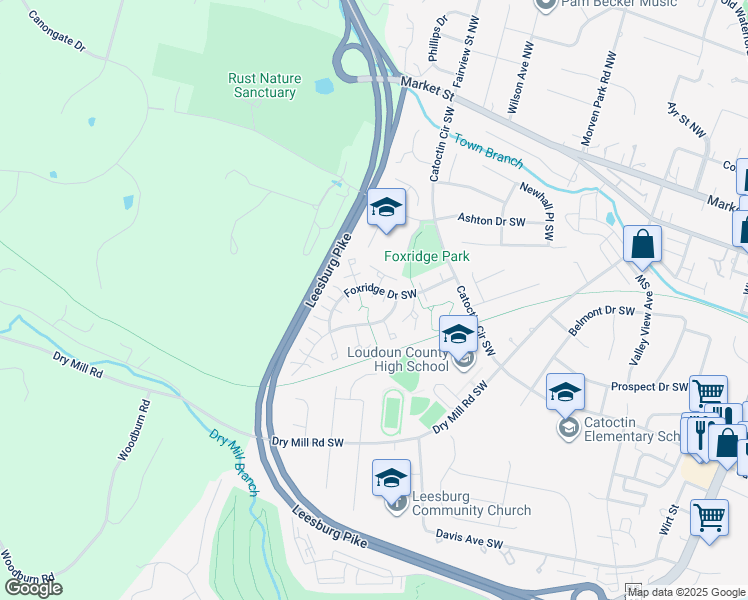 map of restaurants, bars, coffee shops, grocery stores, and more near 422 Foxridge Drive Southwest in Leesburg