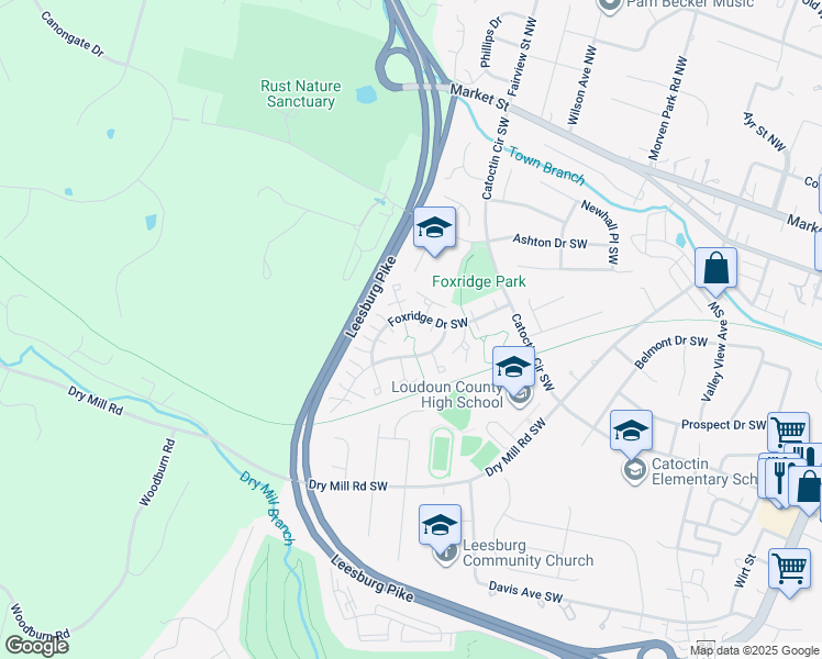map of restaurants, bars, coffee shops, grocery stores, and more near 430 Foxridge Drive Southwest in Leesburg