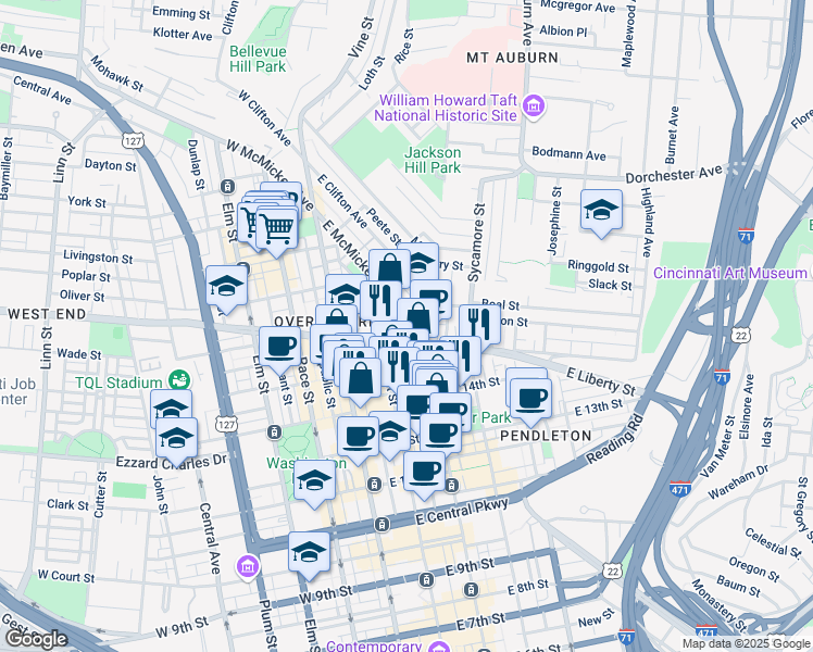 map of restaurants, bars, coffee shops, grocery stores, and more near 1432 East Liberty Street in Cincinnati