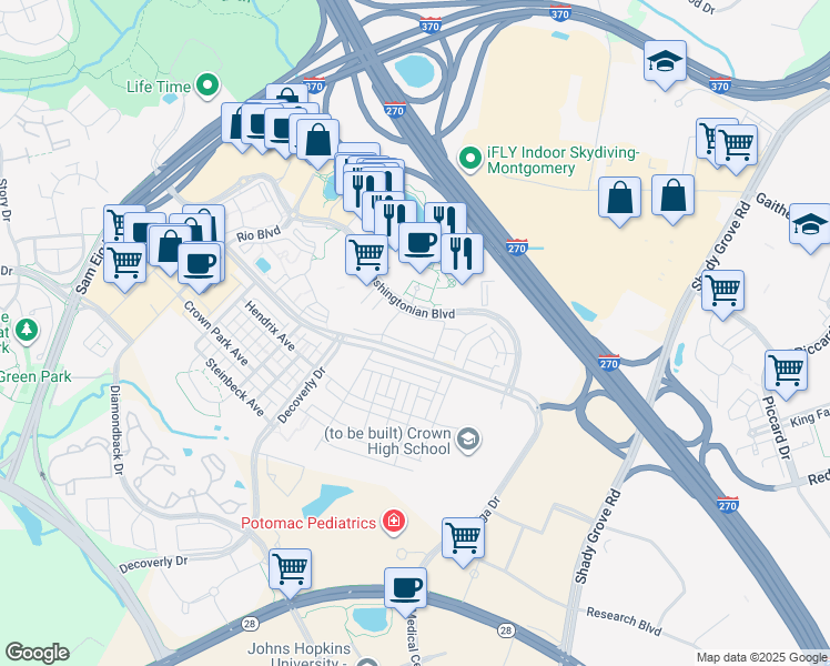 map of restaurants, bars, coffee shops, grocery stores, and more near 15717 Winners Drive in North Potomac