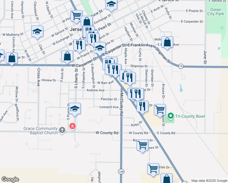 map of restaurants, bars, coffee shops, grocery stores, and more near 605 Poplar Street in Jerseyville