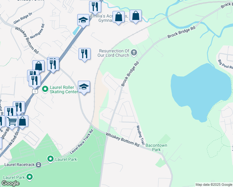 map of restaurants, bars, coffee shops, grocery stores, and more near 8431 Kendall Court in Laurel