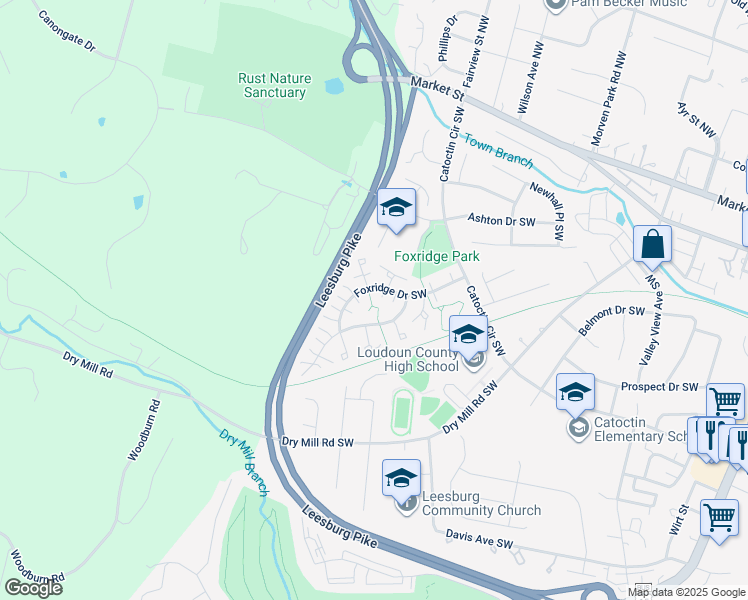 map of restaurants, bars, coffee shops, grocery stores, and more near 430 Foxridge Drive Southwest in Leesburg