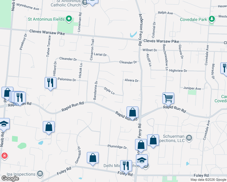 map of restaurants, bars, coffee shops, grocery stores, and more near 5395 Casual Court in Cincinnati