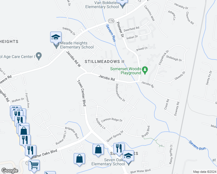 map of restaurants, bars, coffee shops, grocery stores, and more near 1842 Dove Court in Severn