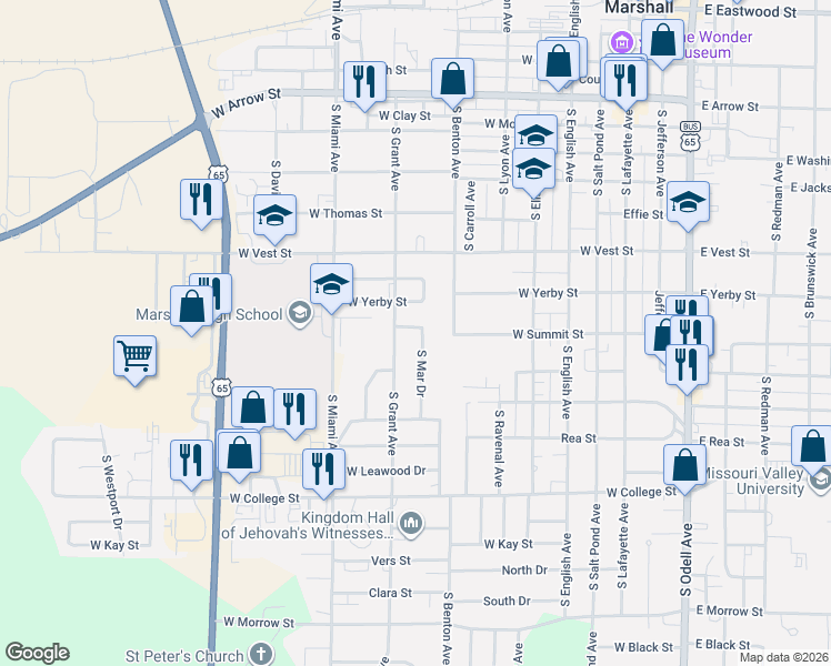 map of restaurants, bars, coffee shops, grocery stores, and more near 801 South Mar Drive in Marshall