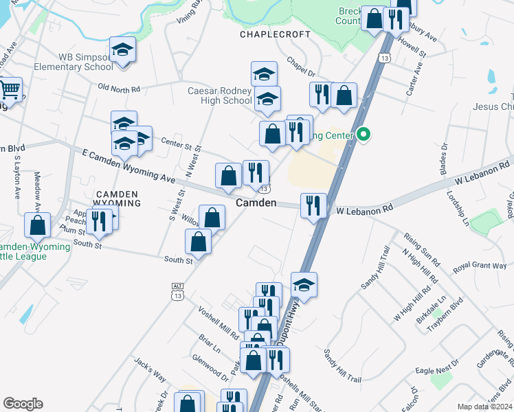 map of restaurants, bars, coffee shops, grocery stores, and more near 1 South Main Street in Camden