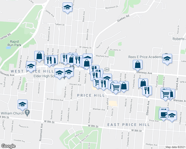 map of restaurants, bars, coffee shops, grocery stores, and more near 1005 Ross Avenue in Cincinnati