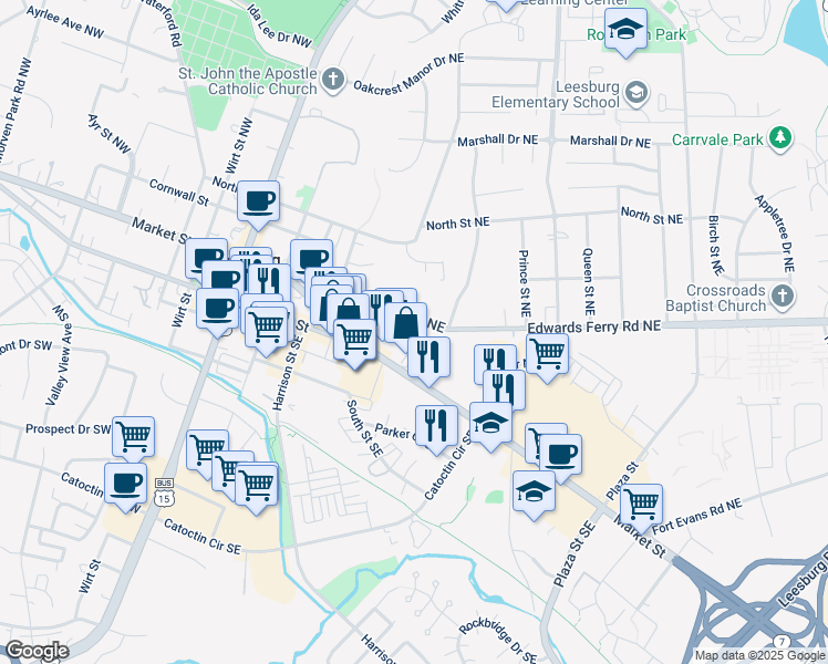 map of restaurants, bars, coffee shops, grocery stores, and more near 237 Edwards Ferry Road Northeast in Leesburg
