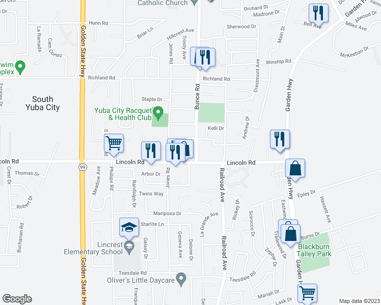 map of restaurants, bars, coffee shops, grocery stores, and more near 940 Carolina Avenue in Yuba City