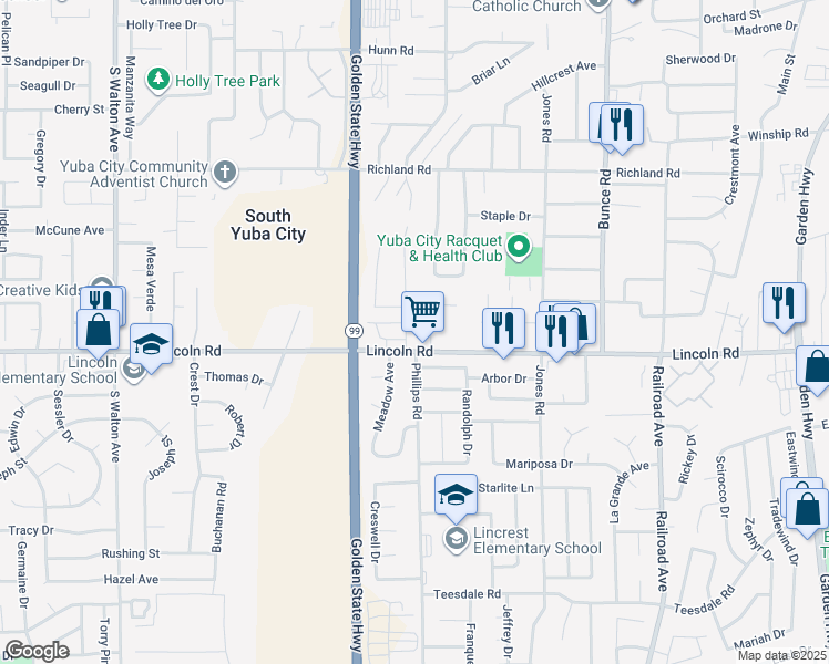 map of restaurants, bars, coffee shops, grocery stores, and more near 901 Karen Drive in Yuba City