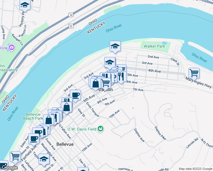 map of restaurants, bars, coffee shops, grocery stores, and more near 626 5th Avenue in Dayton
