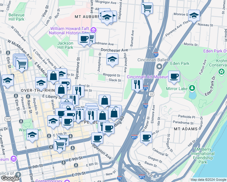 map of restaurants, bars, coffee shops, grocery stores, and more near 1718 Young Street in Cincinnati