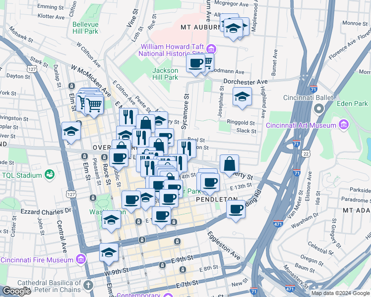 map of restaurants, bars, coffee shops, grocery stores, and more near in Cincinnati