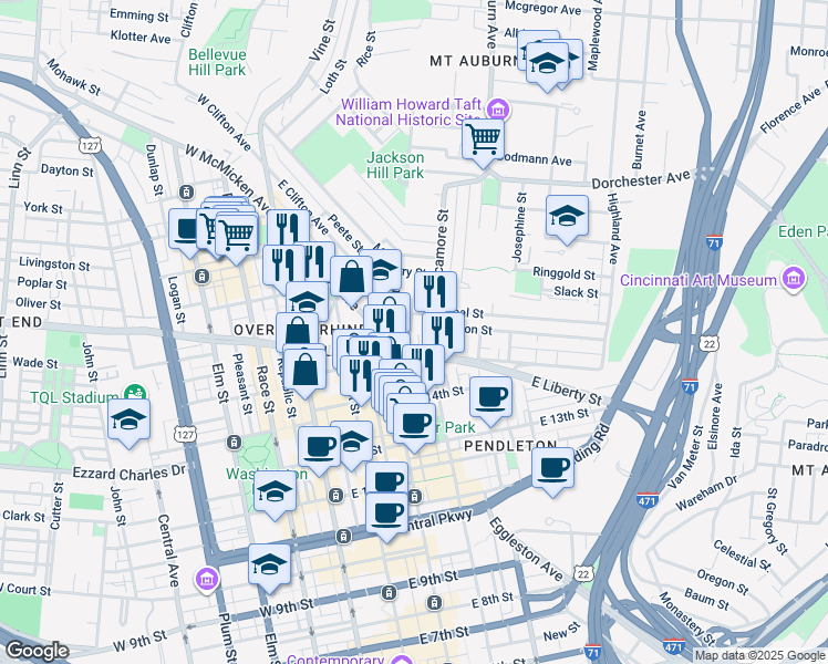 map of restaurants, bars, coffee shops, grocery stores, and more near 220 Schiller Street in Cincinnati