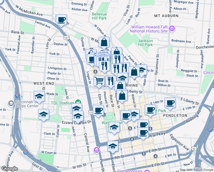map of restaurants, bars, coffee shops, grocery stores, and more near 1630 Race Street in Cincinnati