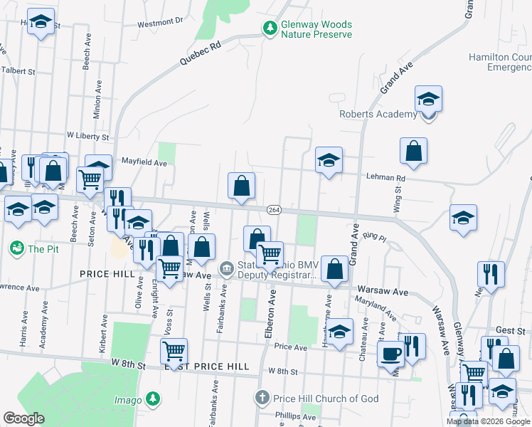map of restaurants, bars, coffee shops, grocery stores, and more near 1210 Blanchard Avenue in Cincinnati