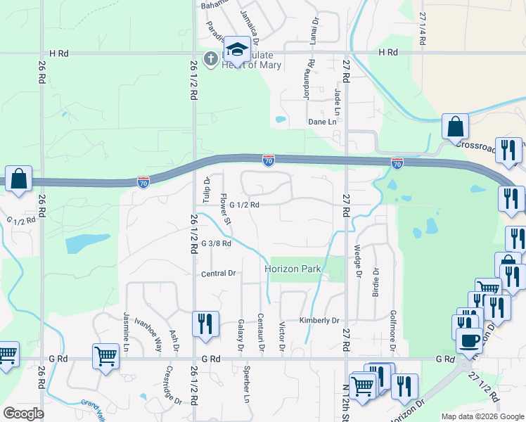 map of restaurants, bars, coffee shops, grocery stores, and more near 2601-2611 Cambridge Drive in Grand Junction