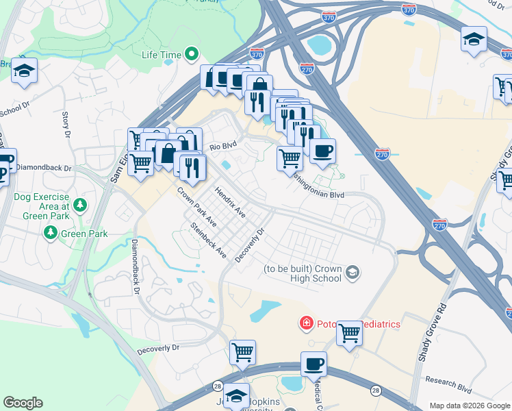 map of restaurants, bars, coffee shops, grocery stores, and more near Fields Road in Gaithersburg
