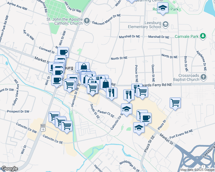map of restaurants, bars, coffee shops, grocery stores, and more near 237 Edwards Ferry Road Northeast in Leesburg