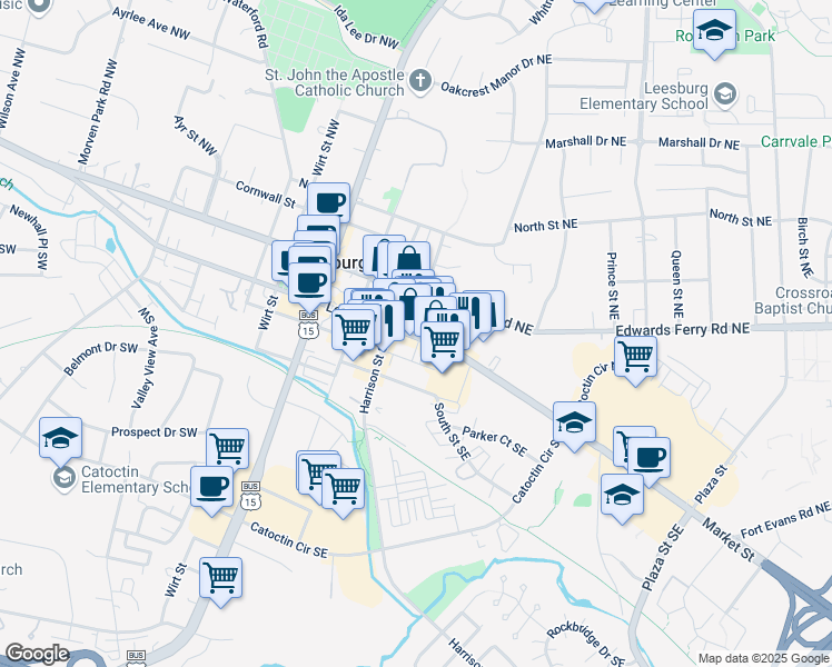 map of restaurants, bars, coffee shops, grocery stores, and more near 210 Loudoun Street Southeast in Leesburg