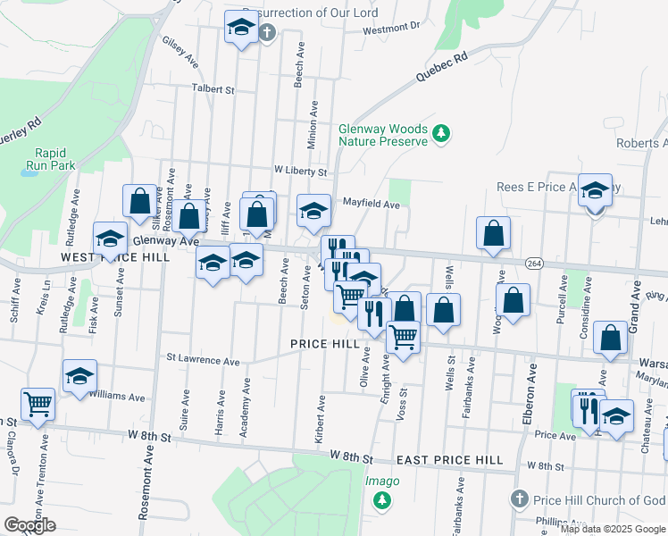 map of restaurants, bars, coffee shops, grocery stores, and more near 1011 Ross Avenue in Cincinnati