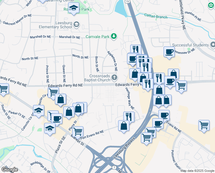 map of restaurants, bars, coffee shops, grocery stores, and more near 119 Hancock Place Northeast in Leesburg
