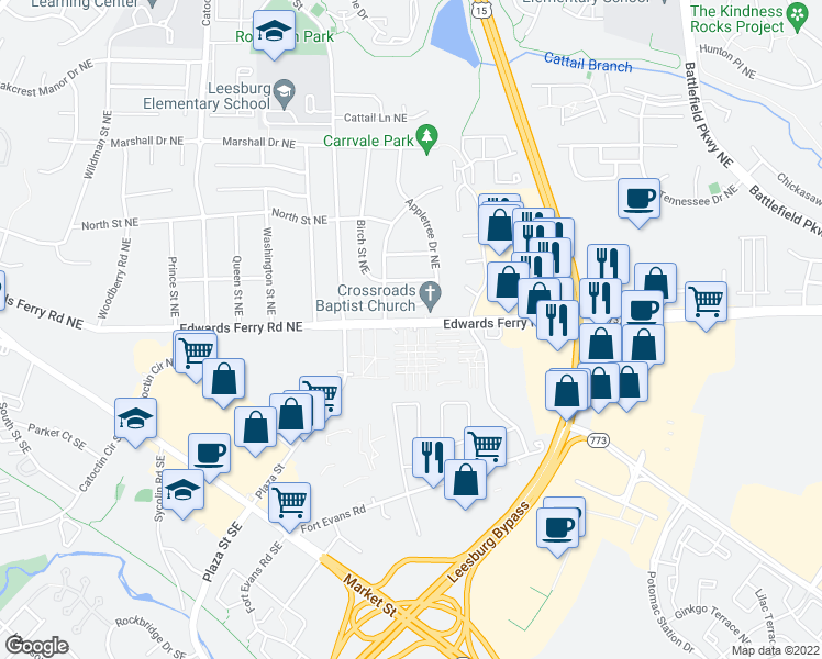 map of restaurants, bars, coffee shops, grocery stores, and more near 46 Hancock Place Northeast in Leesburg