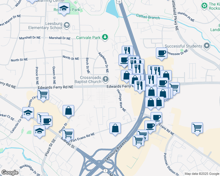 map of restaurants, bars, coffee shops, grocery stores, and more near 123 Adams Drive Northeast in Leesburg