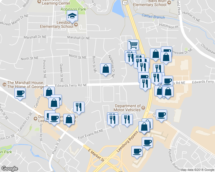 map of restaurants, bars, coffee shops, grocery stores, and more near 21 Hancock Place Northeast in Leesburg