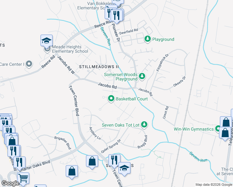 map of restaurants, bars, coffee shops, grocery stores, and more near 1803 Sparrow Court in Severn