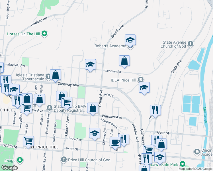 map of restaurants, bars, coffee shops, grocery stores, and more near 1116 Grand Avenue in Cincinnati